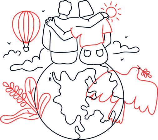 Bright future man and woman hugging while sitting on the globe  Illustration