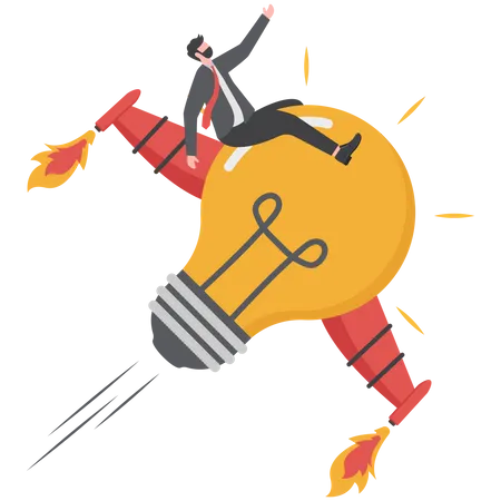 Boost Creative Idea Imagination Innovation Or Technology To Help Success Invent New Solution To Win Business Competition Concept Bright Lightbulb Idea With Rocket Booster Flying Fast Into The Sky Illustration
