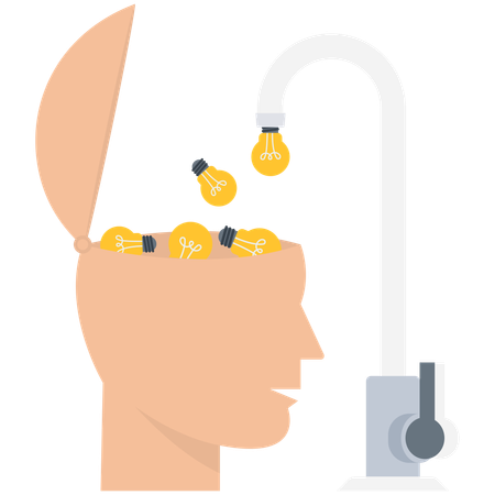 Bright lightbulb ideas flow from pipe into human head  Illustration