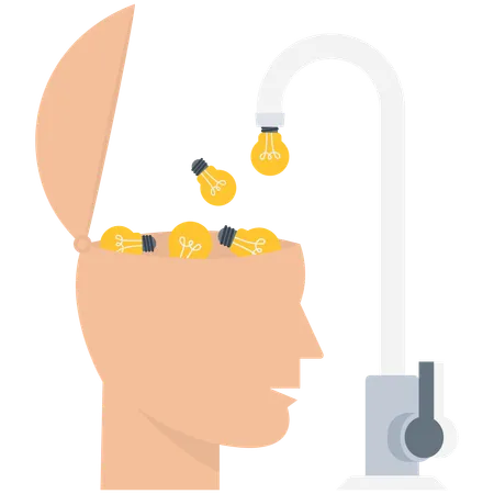 Bright lightbulb ideas flow from pipe into human head  Illustration