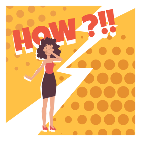 Bright squared banner with stylish surprised woman covering mouth with hand  Illustration