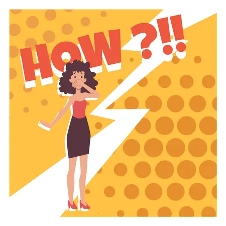 Bright squared banner with stylish surprised woman covering mouth with hand  Illustration