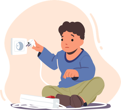 Brincadeira infantil com eletricidade ligada na tomada  Illustration