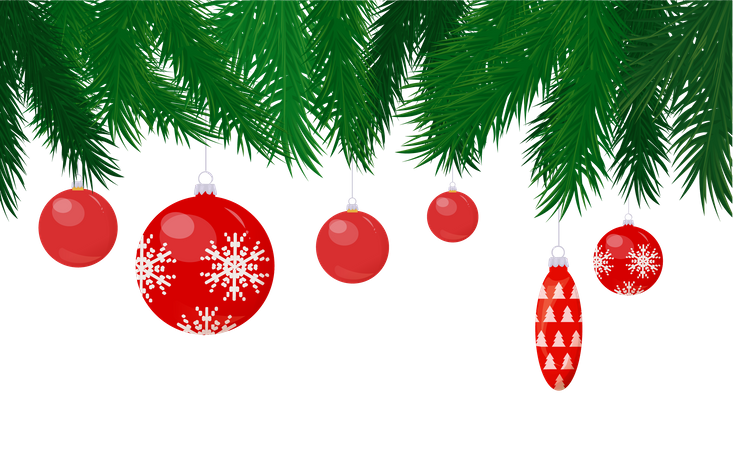 Bugigangas e cones pendurados na árvore de Natal  Ilustração