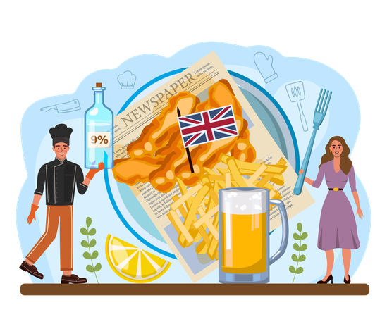 British deep-fried fish and chips fast food  Illustration