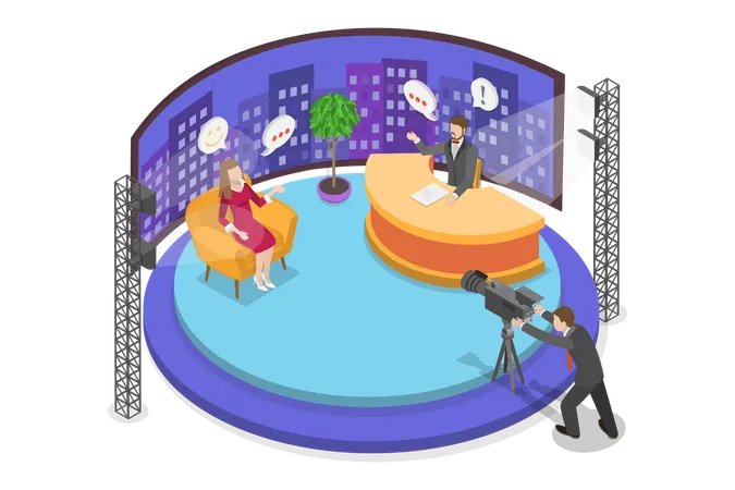 3 D Isometric Flat Vector Conceptual Illustration Of Talk Show Broadcasting Room Interior Illustration