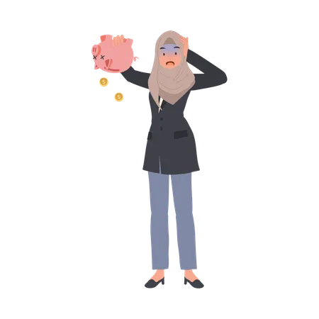 Financial Crisis And Poverty Concept Broke Muslim Woman With Empty Piggy Bank Illustration