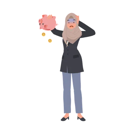 Broke Muslim Woman with Empty Piggy Bank  Illustration