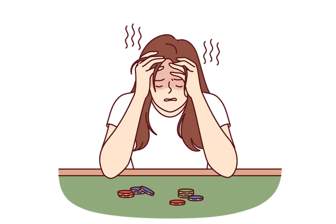 Broke Woman Sits At Poker Table With Playing Chips And Cries After Losing Large Money Sad Girl Suffers From Gambling Addiction And Lack Of Strength To Give Up Gambling Leading To Bankruptcy Illustration