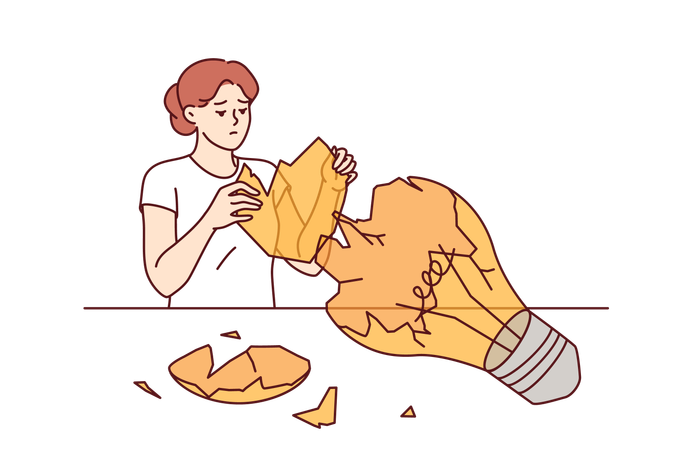Broken light bulb near upset woman  Illustration