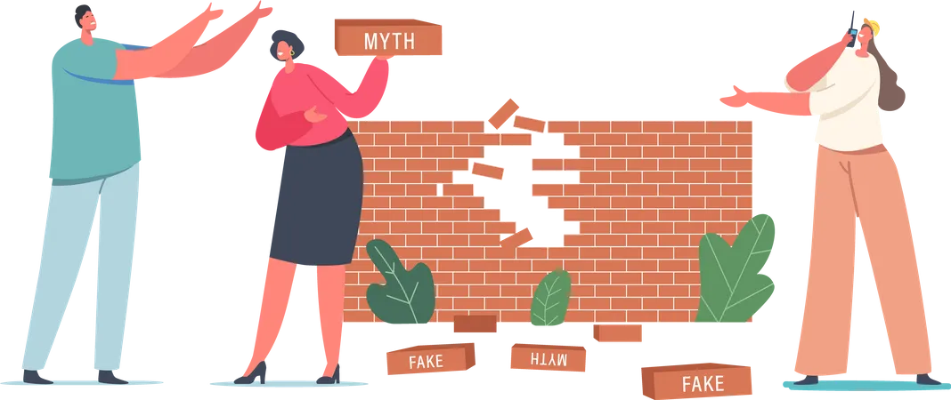Characters At Broken Myths And Facts Wall Information Accuracy Concept Fake News Versus Trust And Honest Data Source Fiction Authenticity Verify Rumors Scene Cartoon People Vector Illustration Illustration