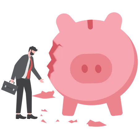 Debt And Loan Problem Financial Mistake Poverty Or Bankruptcy Concept Depressed Businessman With Broken Piggy Bank Illustration