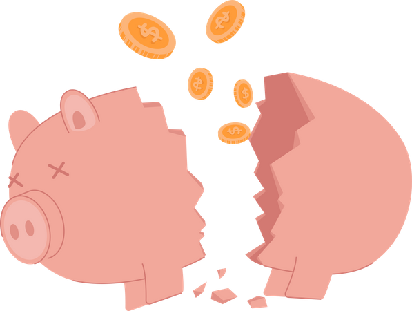 Broken piggy bank due to bankruptcy  Illustration