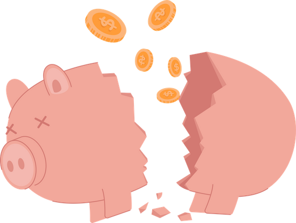Broken piggy bank due to bankruptcy  Illustration