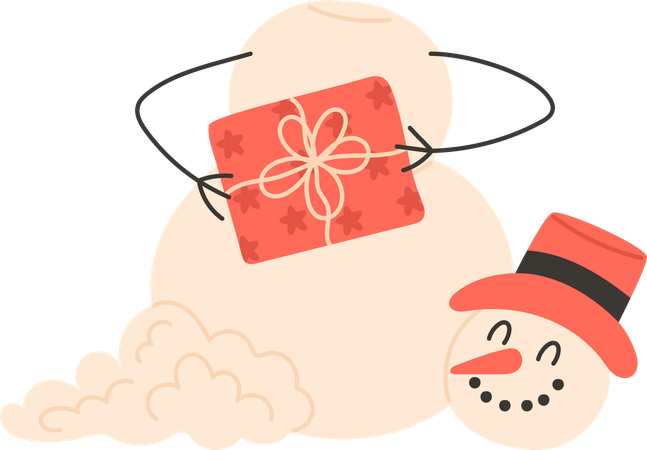 Broken snowman in hat with gift  Illustration