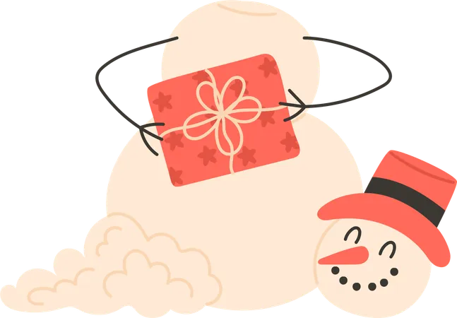 Broken snowman in hat with gift  Illustration