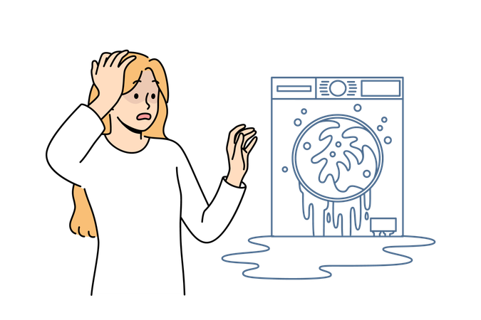 Broken washing machine shocks housewife who needs help of household appliance repairman  Illustration