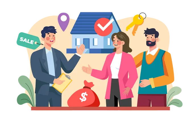 Broker helping the couple to choose a home for rent  Illustration