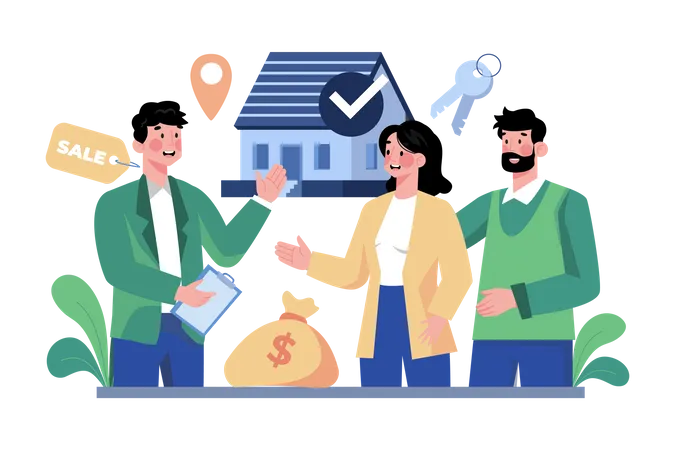 Broker helping the couple to choose a home for rent  Illustration