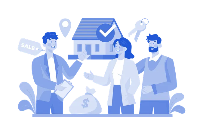 Broker Helping The Couple To Choose A Home For Rent  Illustration