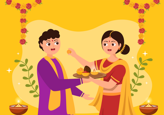 Brother And Sister Are Celebrating Bhaidooj  Illustration