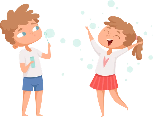 Brother and sister blowing air bubbles Illustration