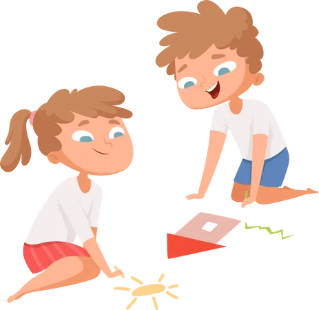 Brother and sister drawing together  Illustration