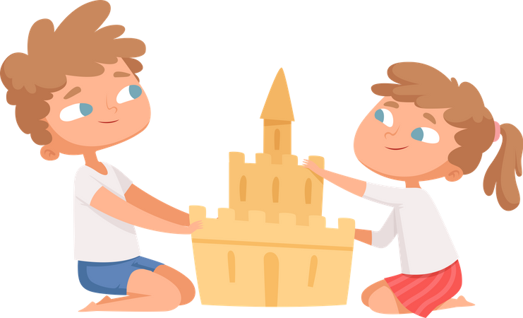 Brother and sister making sand castle Illustration