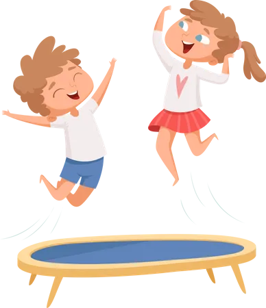 Brother and sister playing on trampoline  Illustration