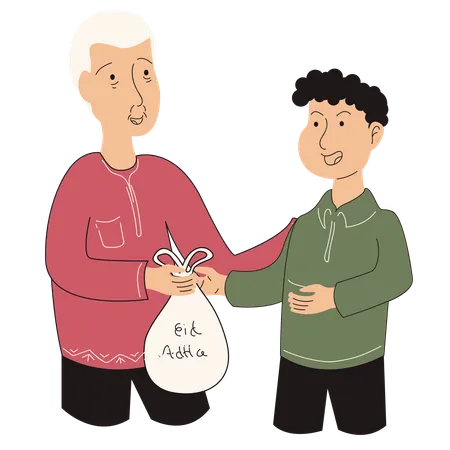 Brother distributing meat to resident  Illustration