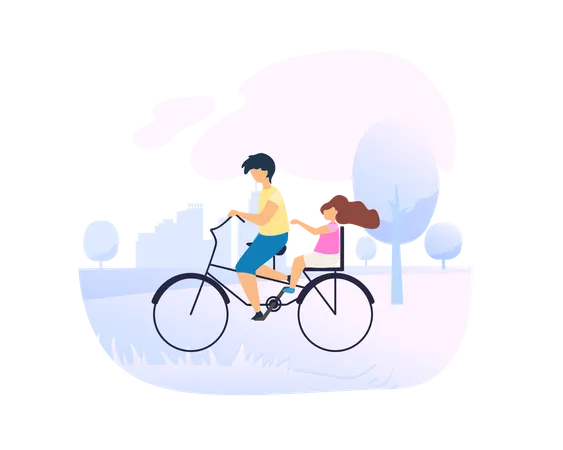 Brother Drives Little Sister on Bike in Beautiful City Park  Illustration