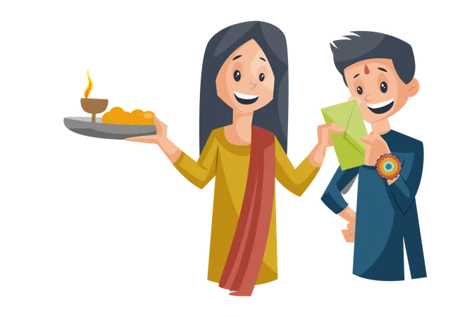 Brother giving rupee to his sister on raakshabandhan  Illustration