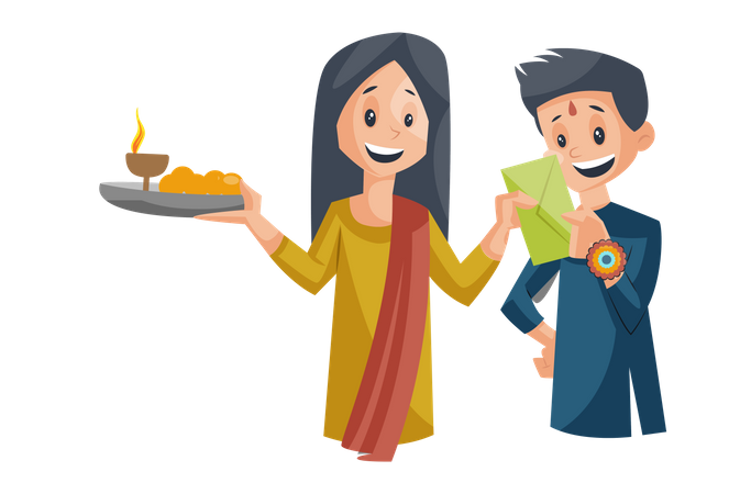 Brother giving rupee to his sister on raakshabandhan  イラスト