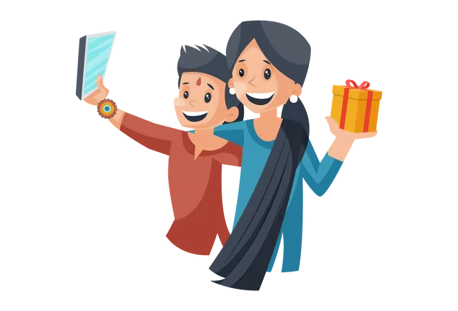 Brother taking selfie after giving gift to sister  イラスト