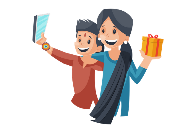 Brother taking selfie after giving gift to sister  Illustration