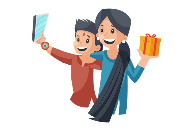 Brother taking selfie after giving gift to sister  Illustration