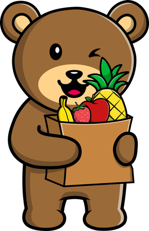 Brown Bear Holding Bag Of Fruit  Illustration