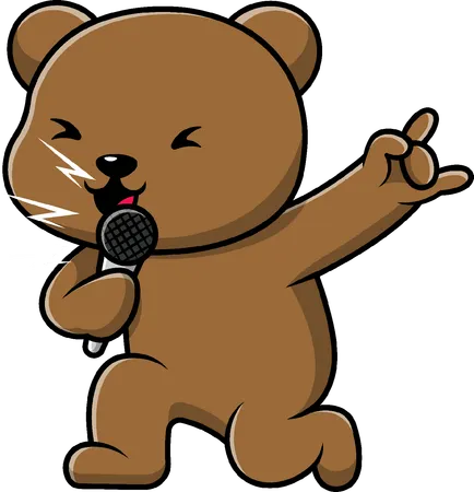 Brown Bear Singing With Microphone  Illustration