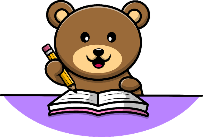 Brown Bear Writing On Book With Pencil  Illustration