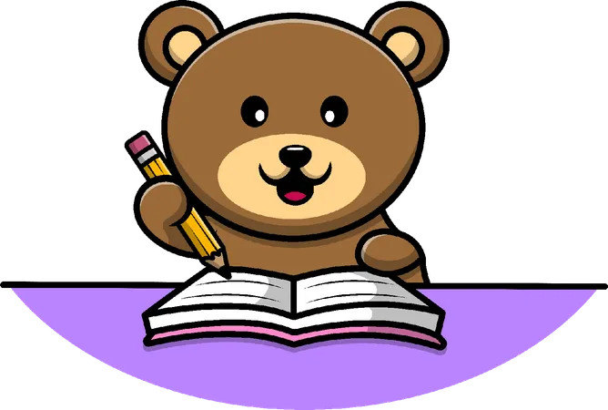Brown Bear Writing On Book With Pencil  Illustration