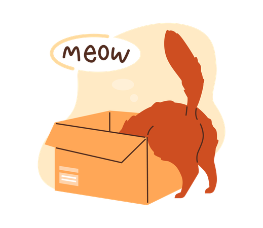 Brown cat and a cardboard box  Illustration