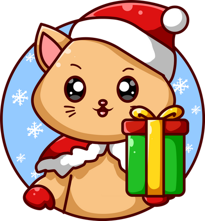 Brown cat bringing one gift for Christmas  Illustration