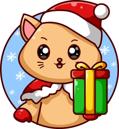 Brown cat bringing one gift for Christmas  Illustration