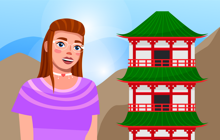 Brown-haired smiling girl in glasses standing at traditional japanese building  Illustration