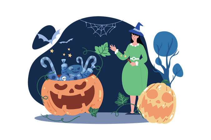 Bruja de Halloween repartiendo dulces para niños  Ilustración