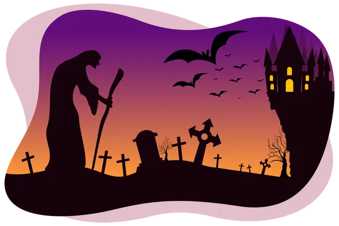 Bruja embrujada caminando en el cementerio  Ilustración