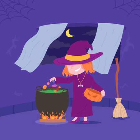 La bruja está haciendo una poción en la noche de Halloween  Ilustración