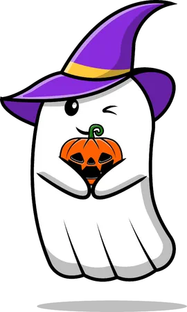 Bruja Fantasma Sosteniendo Calabaza Halloween  Ilustración