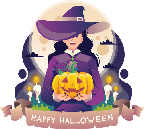 Bruja sosteniendo calabaza de Halloween  Ilustración