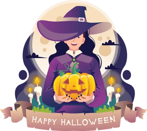 Bruja sosteniendo calabaza de Halloween  Ilustración